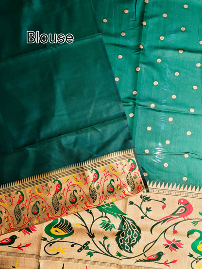 Premium Teal Silk Saree with Peacock & Bird Woven Pallu- BT GREEN