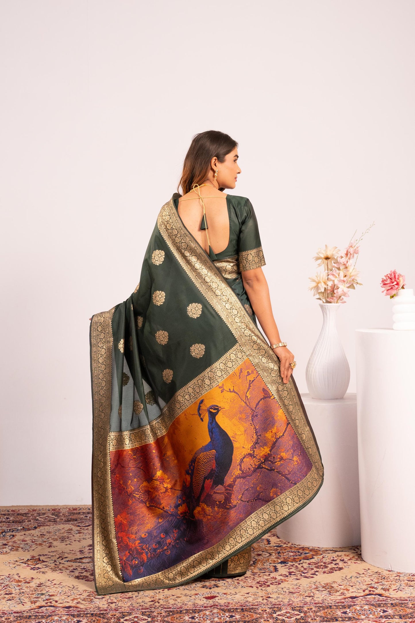 Handloom Banarasi Paithani Silk Saree with Artistic Peacock Pallu - BT GREEN