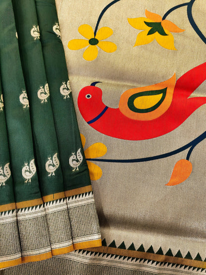 Heritage Hand-Weaving Silk Saree with Parrot Design- BT GREEN