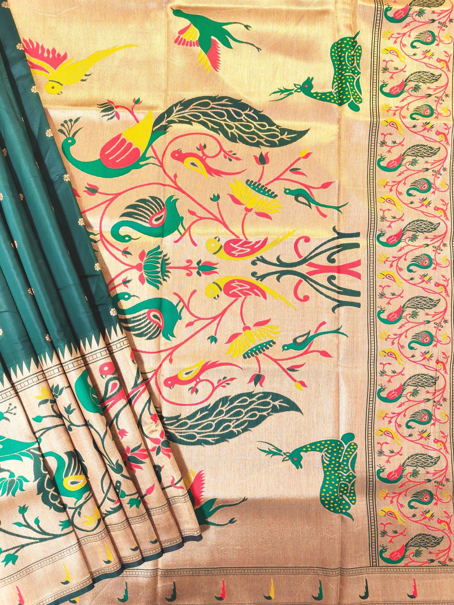 Premium Teal Silk Saree with Peacock & Bird Woven Pallu- BT GREEN