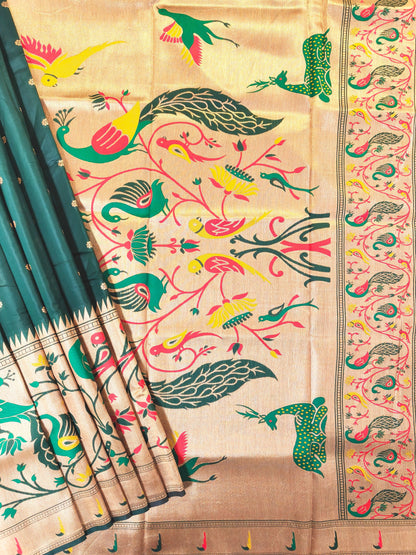 Premium Teal Silk Saree with Peacock & Bird Woven Pallu- BT GREEN
