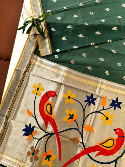 Heritage Hand-Weaving Silk Saree with Parrot Design- BT GREEN