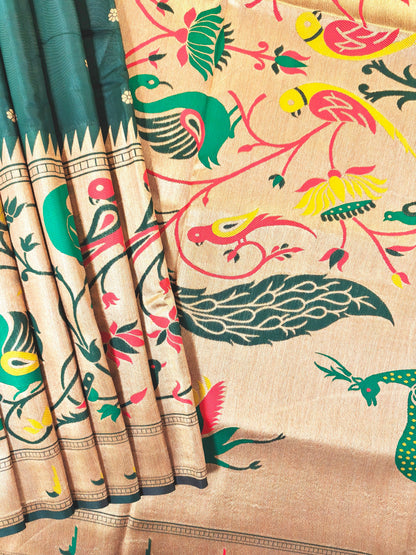 Premium Teal Silk Saree with Peacock & Bird Woven Pallu- BT GREEN