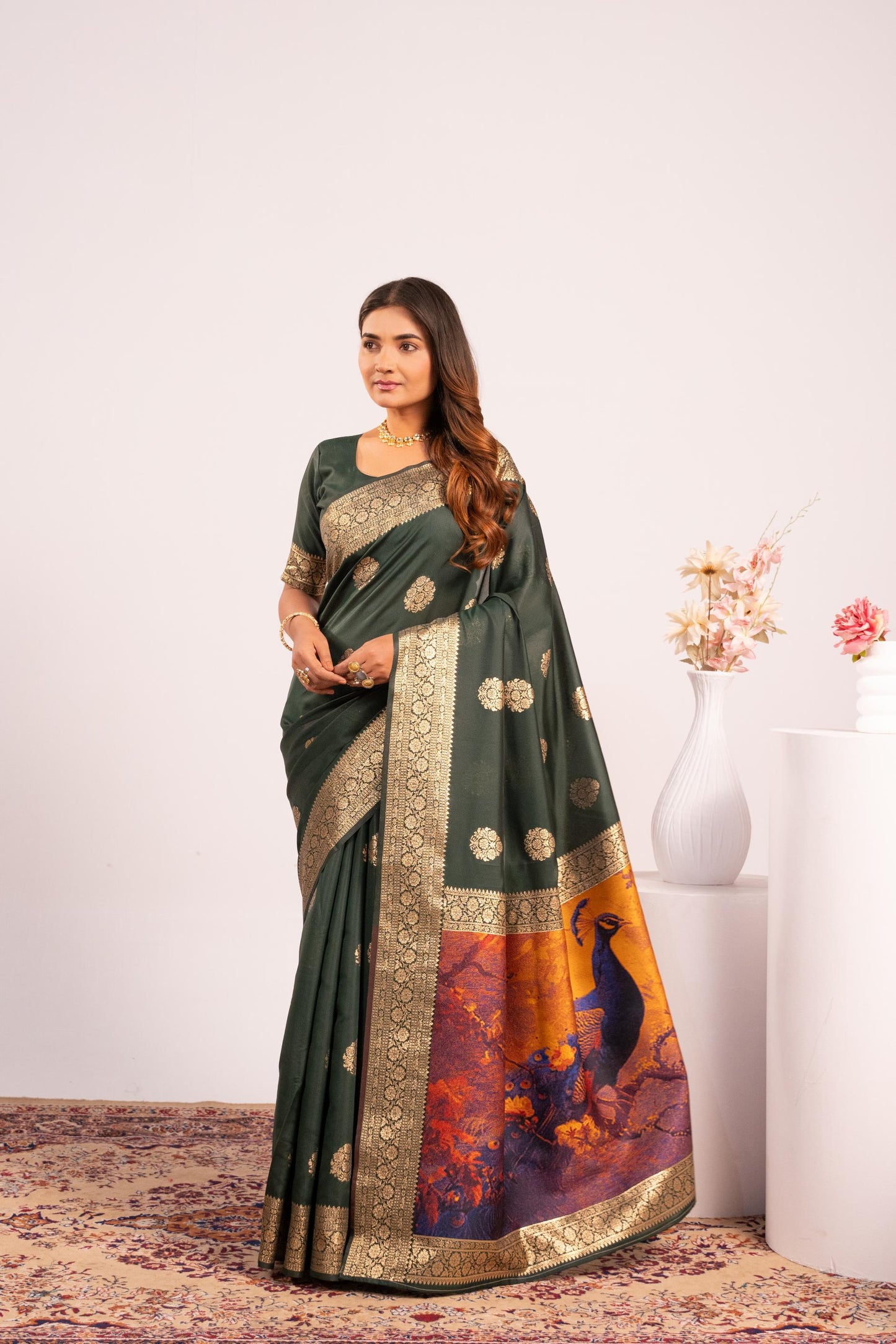 Handloom Banarasi Paithani Silk Saree with Artistic Peacock Pallu - BT GREEN