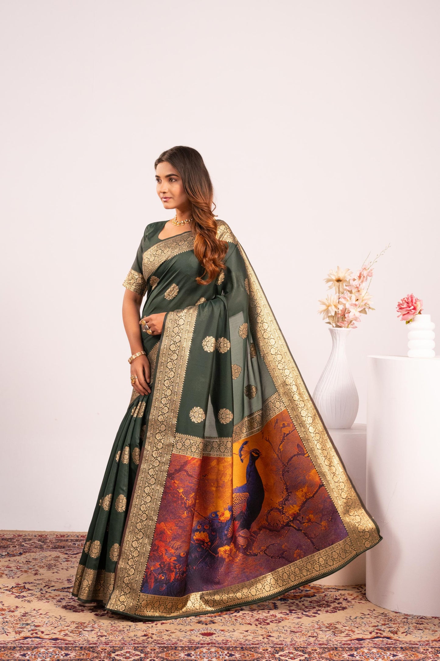 Handloom Banarasi Paithani Silk Saree with Artistic Peacock Pallu - BT GREEN