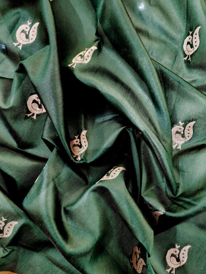 Heritage Hand-Weaving Silk Saree with Parrot Design- BT GREEN