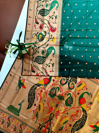 Premium Teal Silk Saree with Peacock & Bird Woven Pallu- BT GREEN