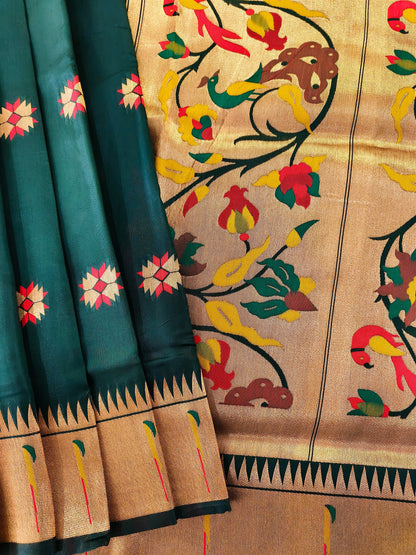 Banarasi Paithani With Bird & Floral Pallu - BT GREEN