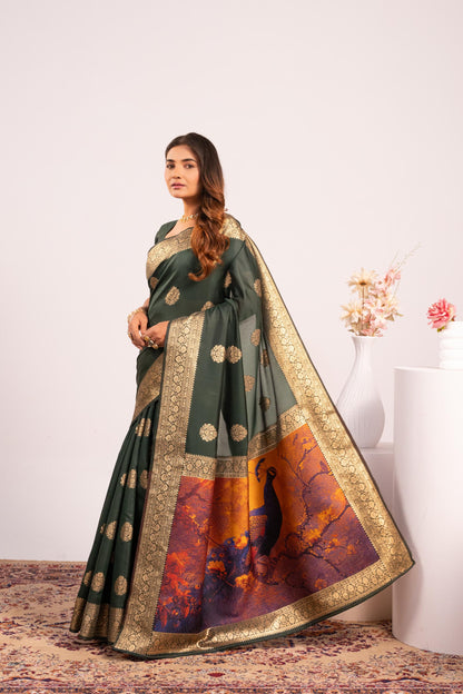 Handloom Banarasi Paithani Silk Saree with Artistic Peacock Pallu - BT GREEN