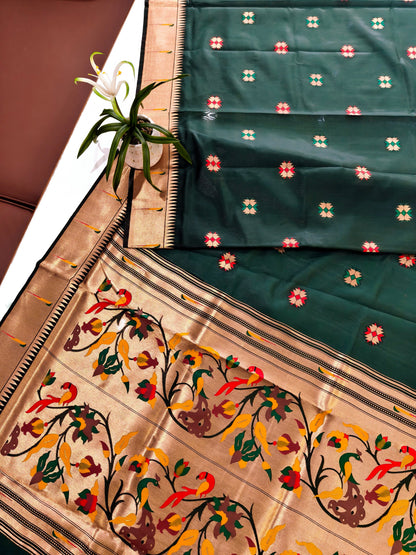 Banarasi Paithani With Bird & Floral Pallu - BT GREEN