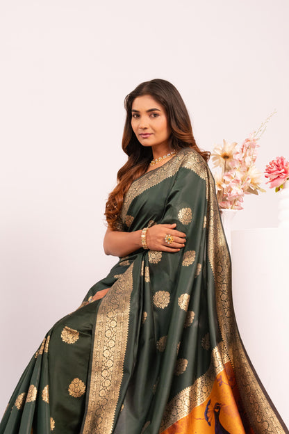 Handloom Banarasi Paithani Silk Saree with Artistic Peacock Pallu - BT GREEN