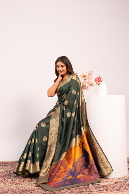 Handloom Banarasi Paithani Silk Saree with Artistic Peacock Pallu - BT GREEN