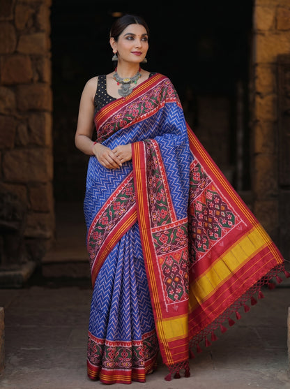 Soft Pure Patola Silk Double Ikat Printed Saree with Zari Stripe Border