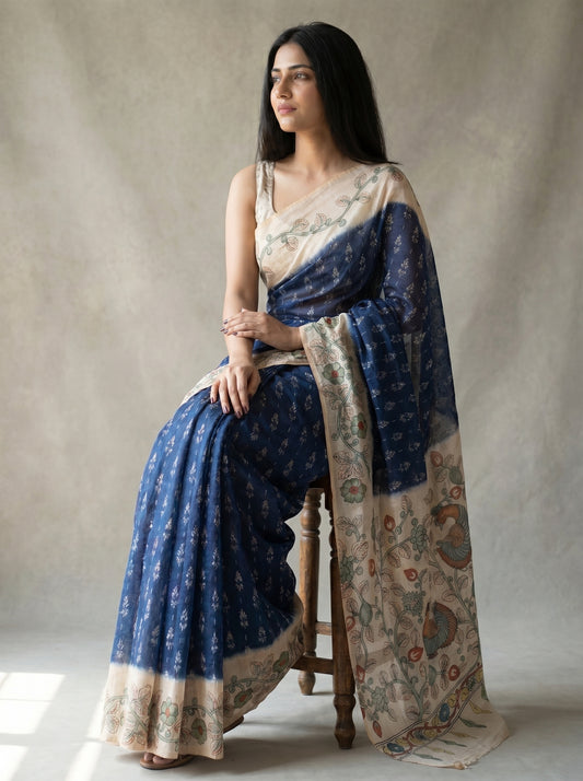 Tussar Silk Kalamkari Printed Pallu - FIROZI
