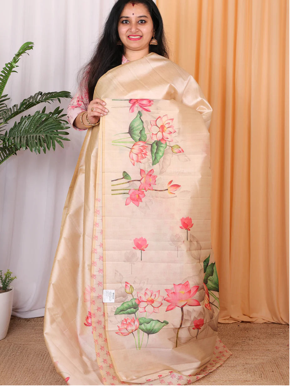 Premium Lotus Print Tussar Silk Saree - CHIKU