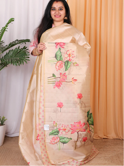 Premium Lotus Print Tussar Silk Saree - CHIKU