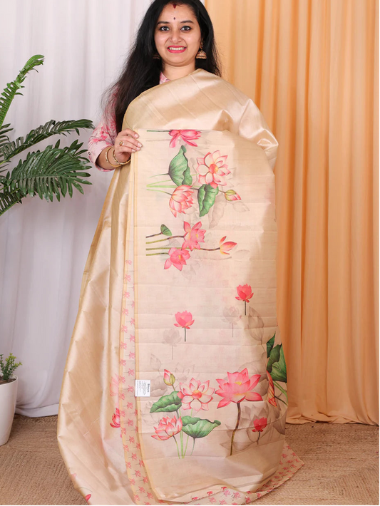 Premium Lotus Print Tussar Silk Saree - CHIKU