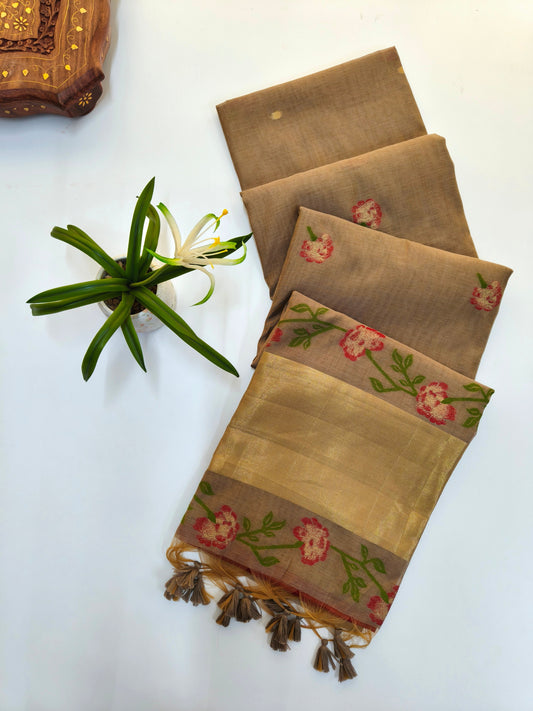Chiku Brown Muga Cotton Saree | Floral Motif | Golden Zari Border | Ethnic Wear
