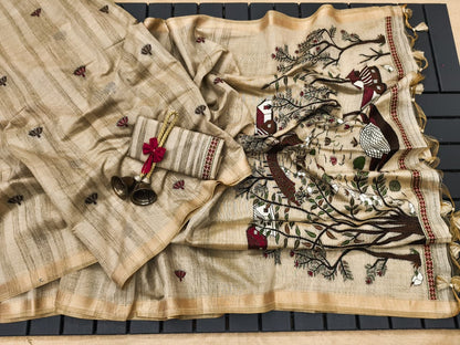 Pure Ghicha Cotton Saree with Traditional Pallu- CHIKU