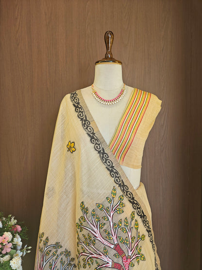 Classic Muga Cotton Saree with Unstitched Blouse and Artistic Border-CHIKU