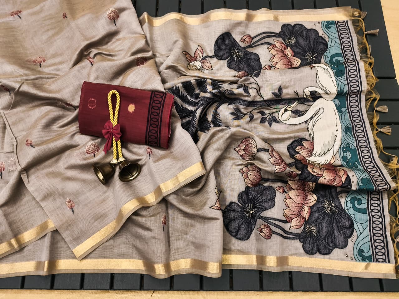 Swan Grace Floral Art Saree- CHIKU