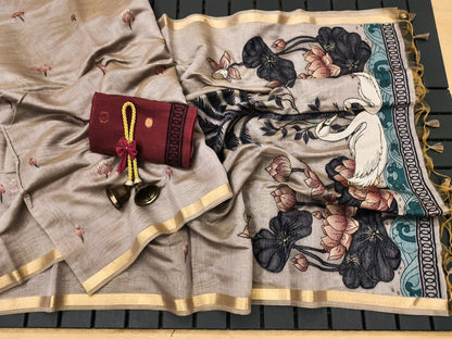 Swan Grace Floral Art Saree- CHIKU