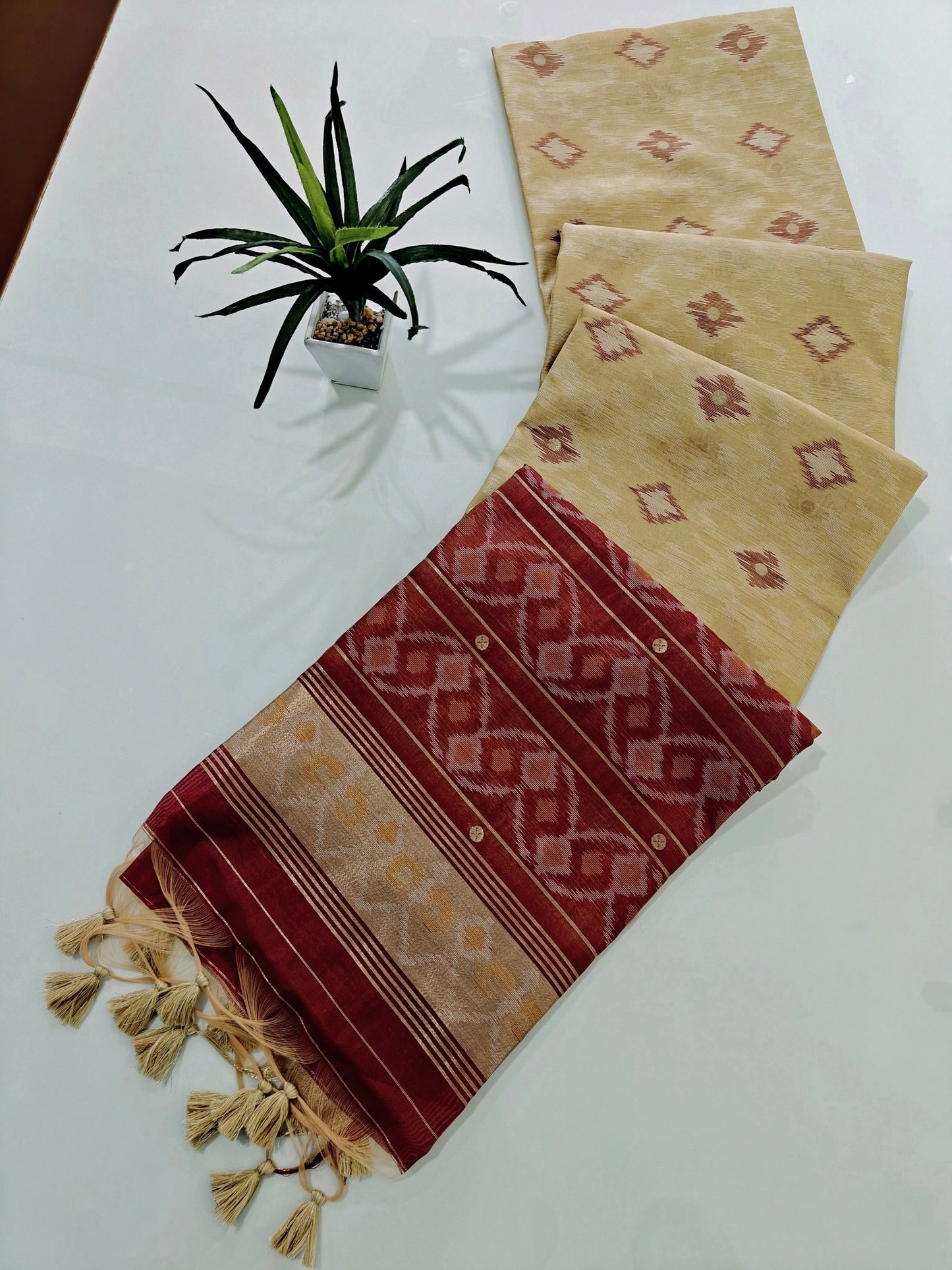 Raw Silk Ikkat Saree With Zari Woven Border-CHIKU