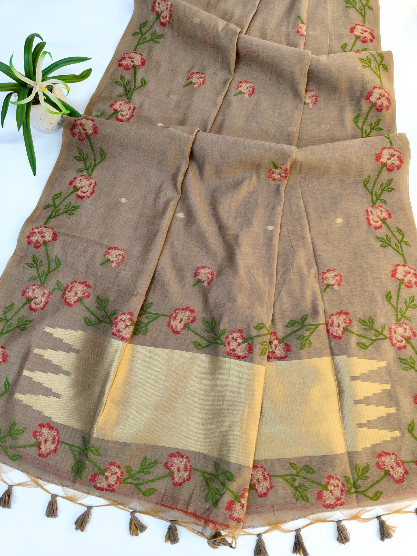 Chiku Brown Muga Cotton Saree | Floral Motif | Golden Zari Border | Ethnic Wear