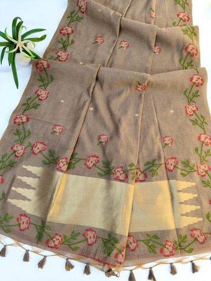 Chiku Brown Muga Cotton Saree | Floral Motif | Golden Zari Border | Ethnic Wear