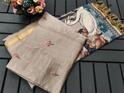 Swan Grace Floral Art Saree- CHIKU