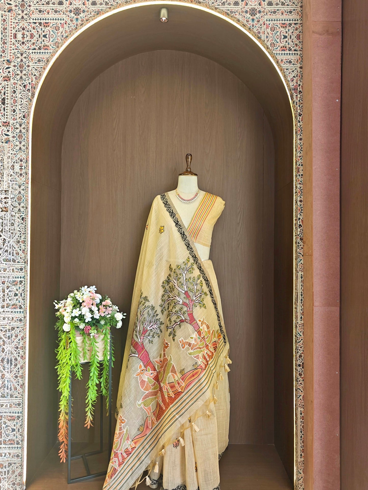 Classic Muga Cotton Saree with Unstitched Blouse and Artistic Border-CHIKU