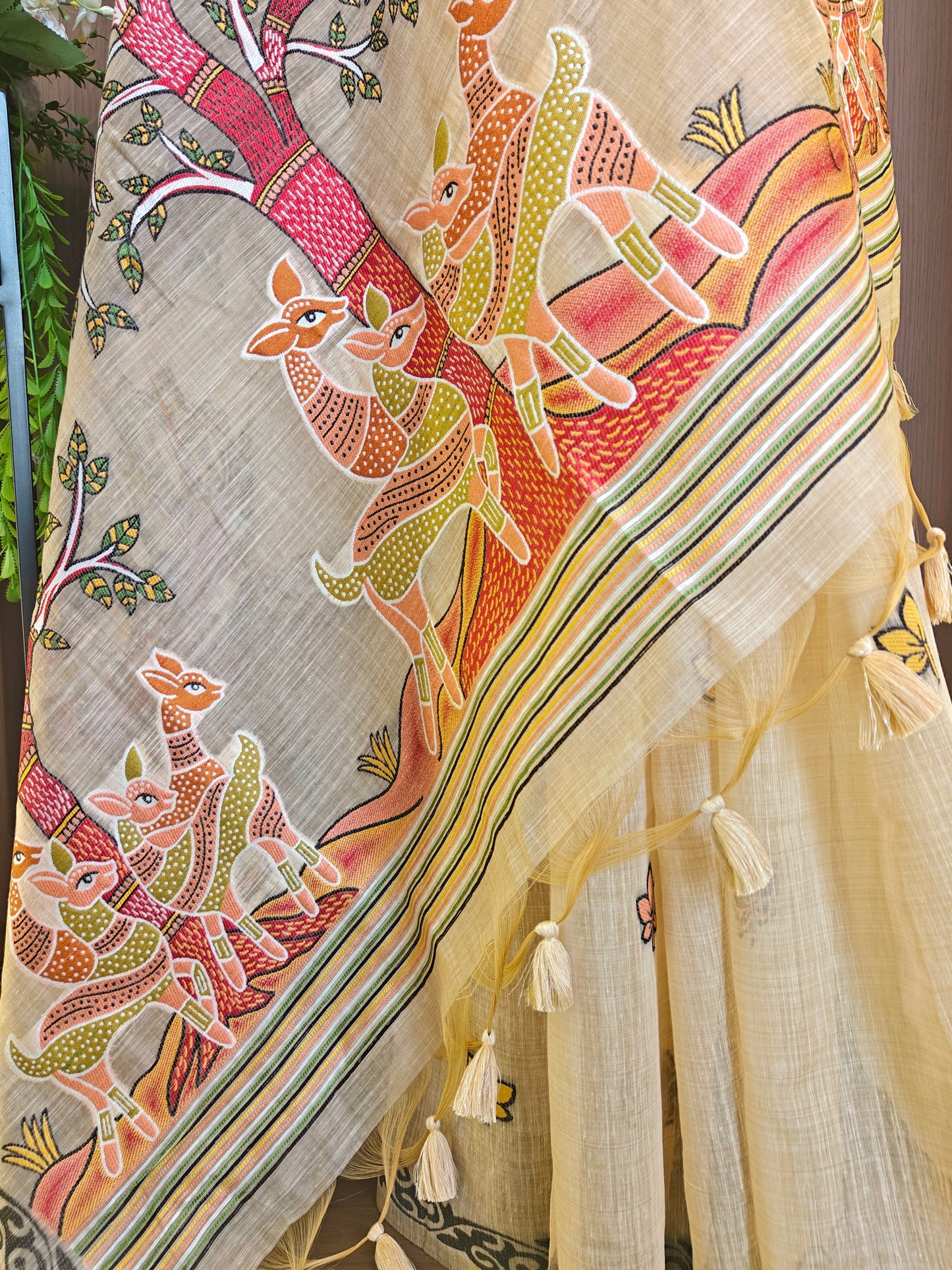 Classic Muga Cotton Saree with Unstitched Blouse and Artistic Border-CHIKU