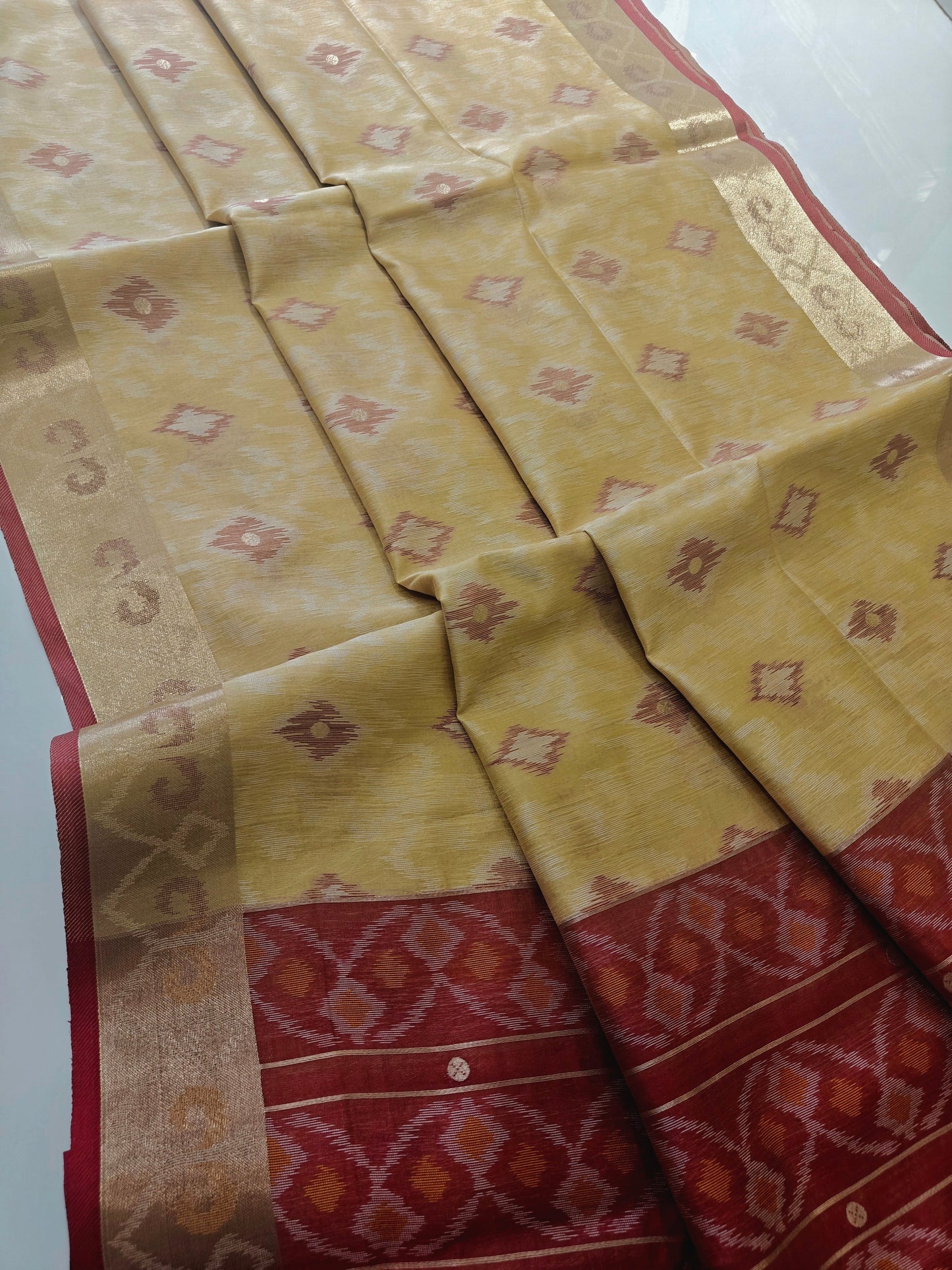 Raw Silk Ikkat Saree With Zari Woven Border-CHIKU