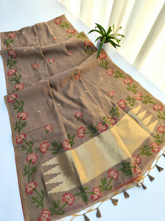 Chiku Brown Muga Cotton Saree | Floral Motif | Golden Zari Border | Ethnic Wear