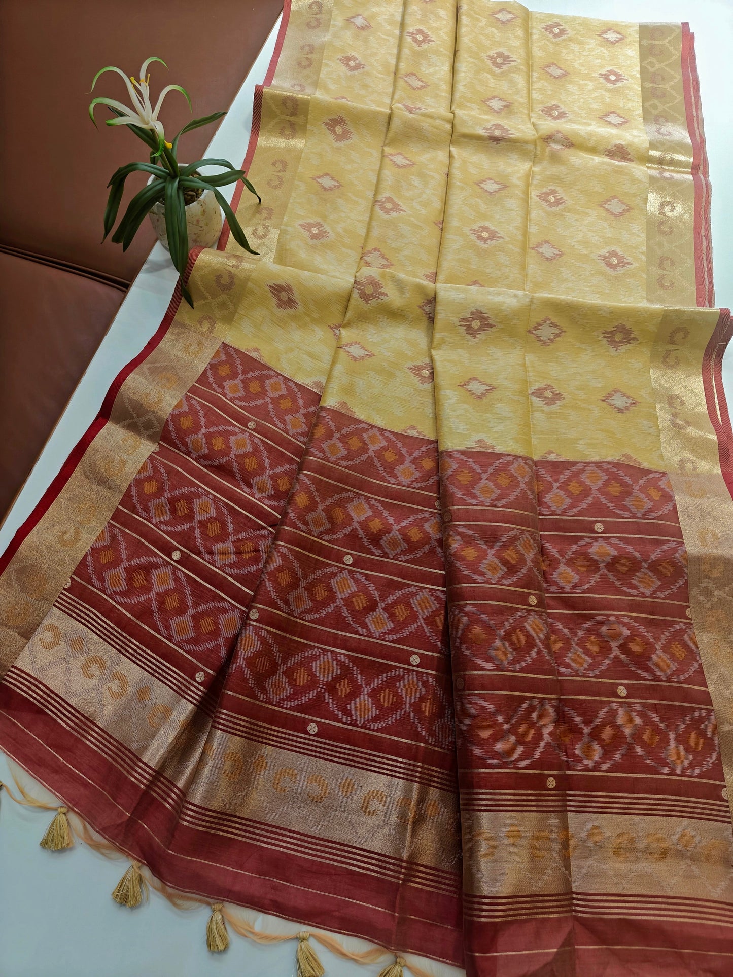 Raw Silk Ikkat Saree With Zari Woven Border-CHIKU