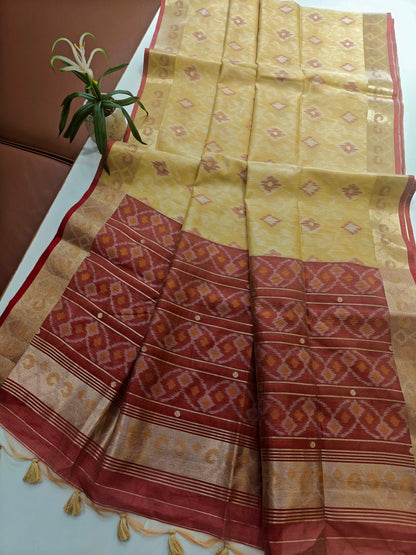 Raw Silk Ikkat Saree With Zari Woven Border-CHIKU