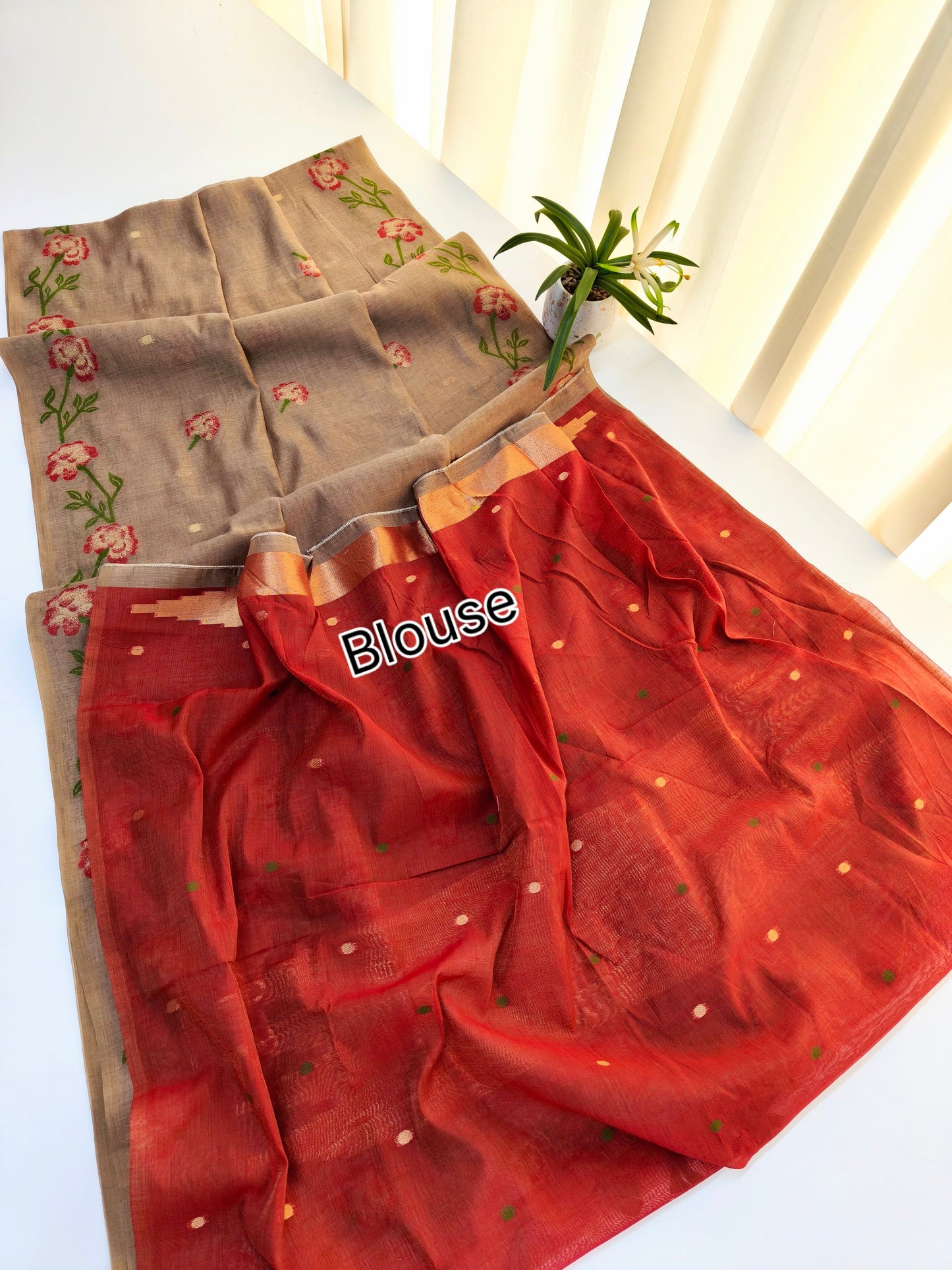 Chiku Brown Muga Cotton Saree | Floral Motif | Golden Zari Border | Ethnic Wear