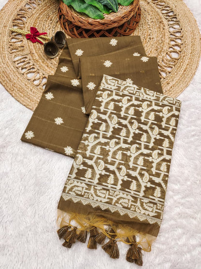 Graceful Chanderi Cotton Saree with Traditional Craft - COFFEE