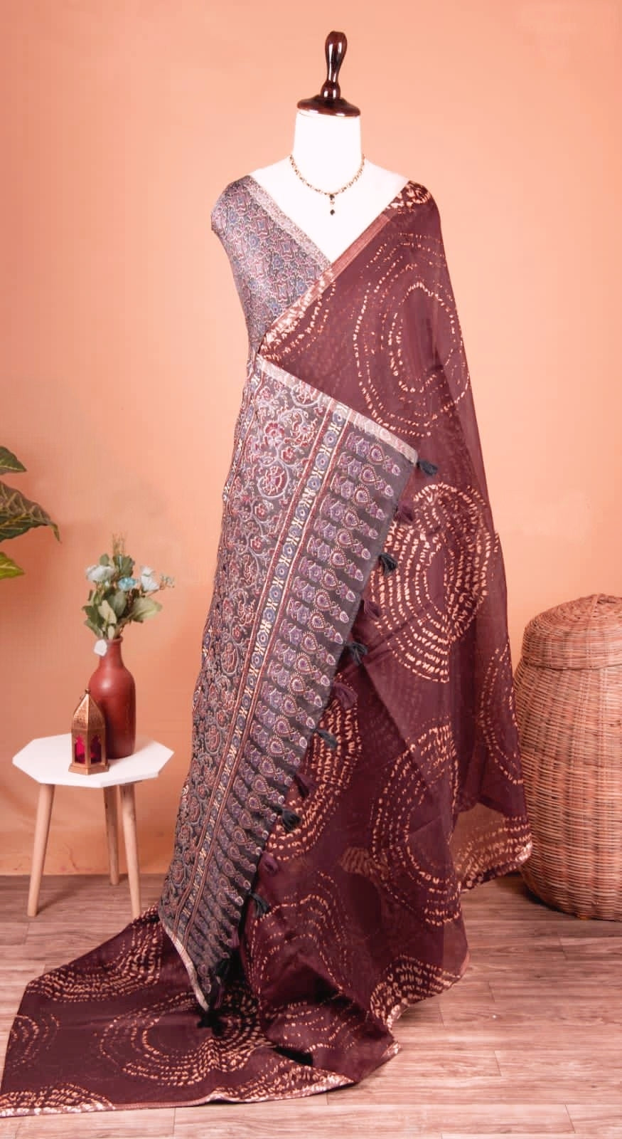 Soft Linen Cotton Heritage Print Saree for Women -Coffee