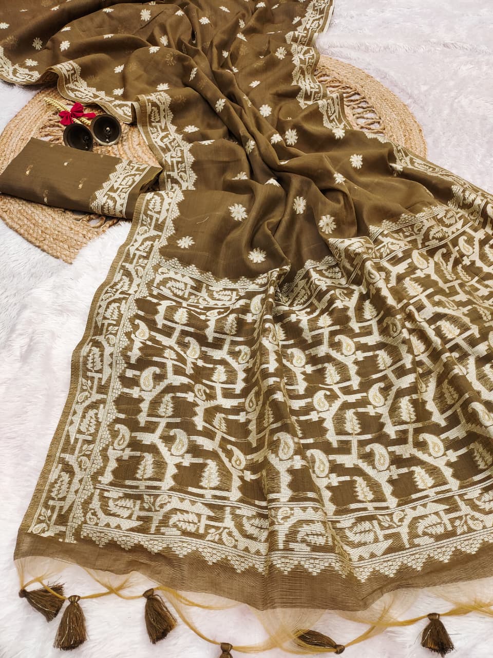 Graceful Chanderi Cotton Saree with Traditional Craft - COFFEE