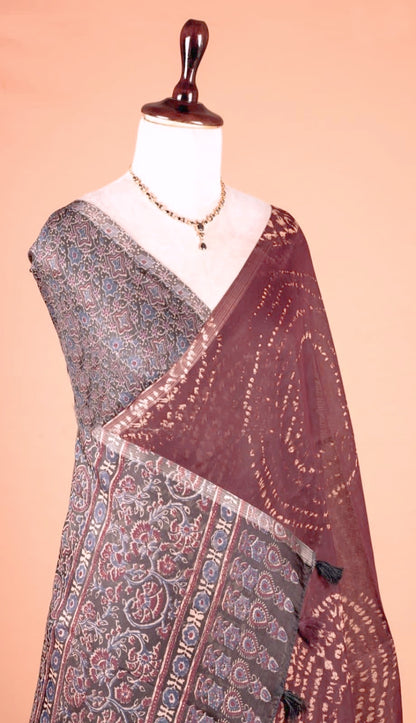 Soft Linen Cotton Heritage Print Saree for Women -Coffee