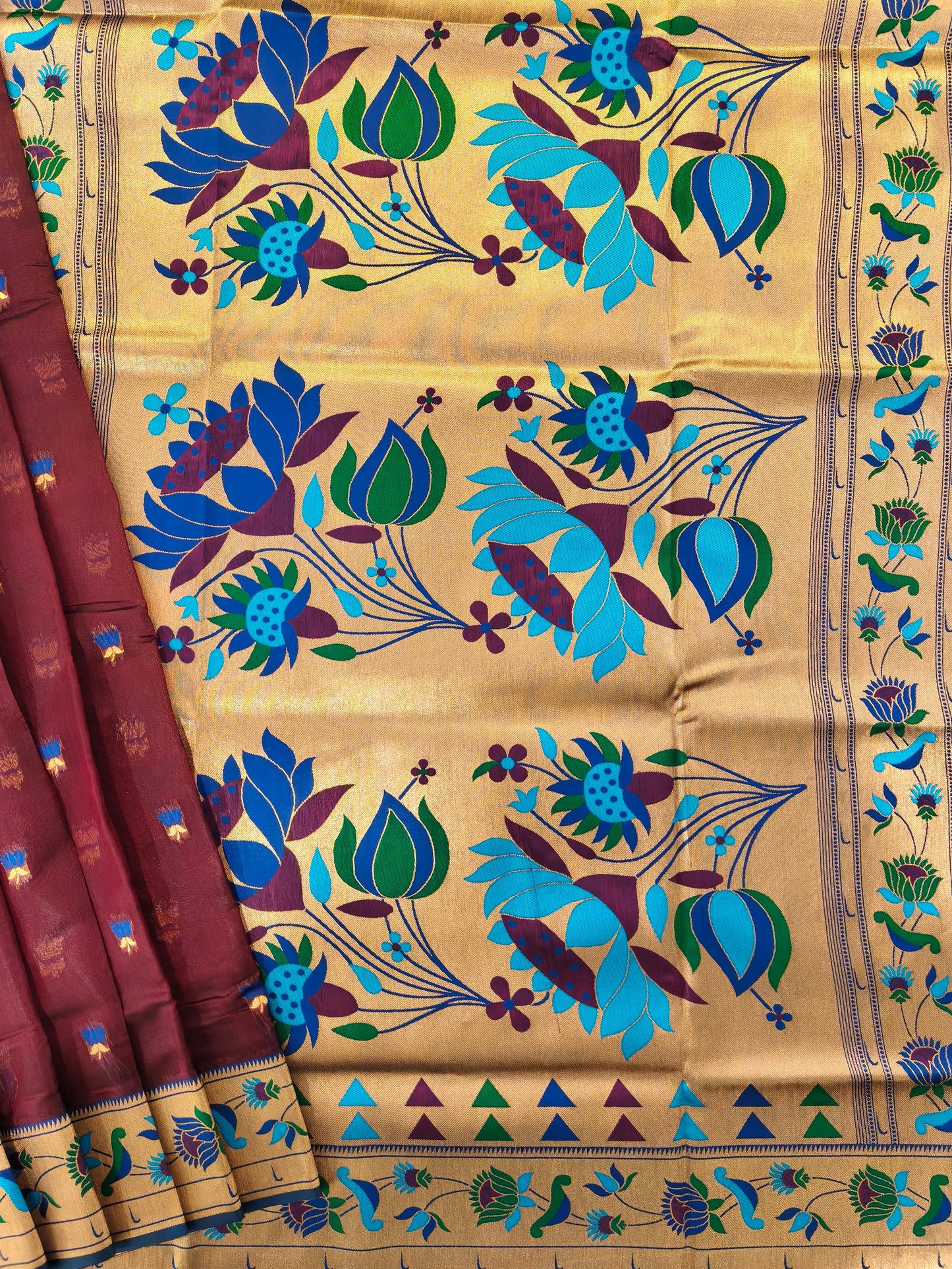 Paithani Silk Saree with Floral Motifs and Zari Pallu - COFFEE