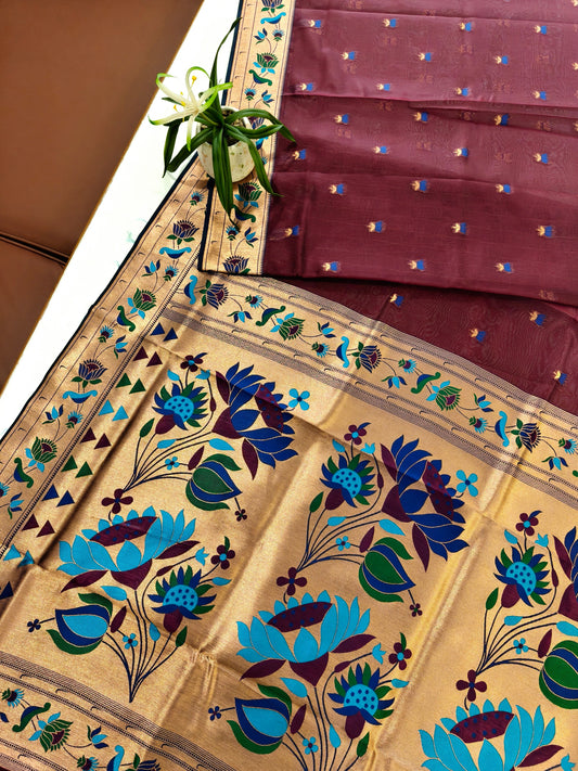Paithani Silk Saree with Floral Motifs and Zari Pallu - COFFEE