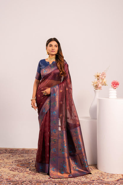 Classic Banarasi Paithani with Traditional Zari - COFFEE