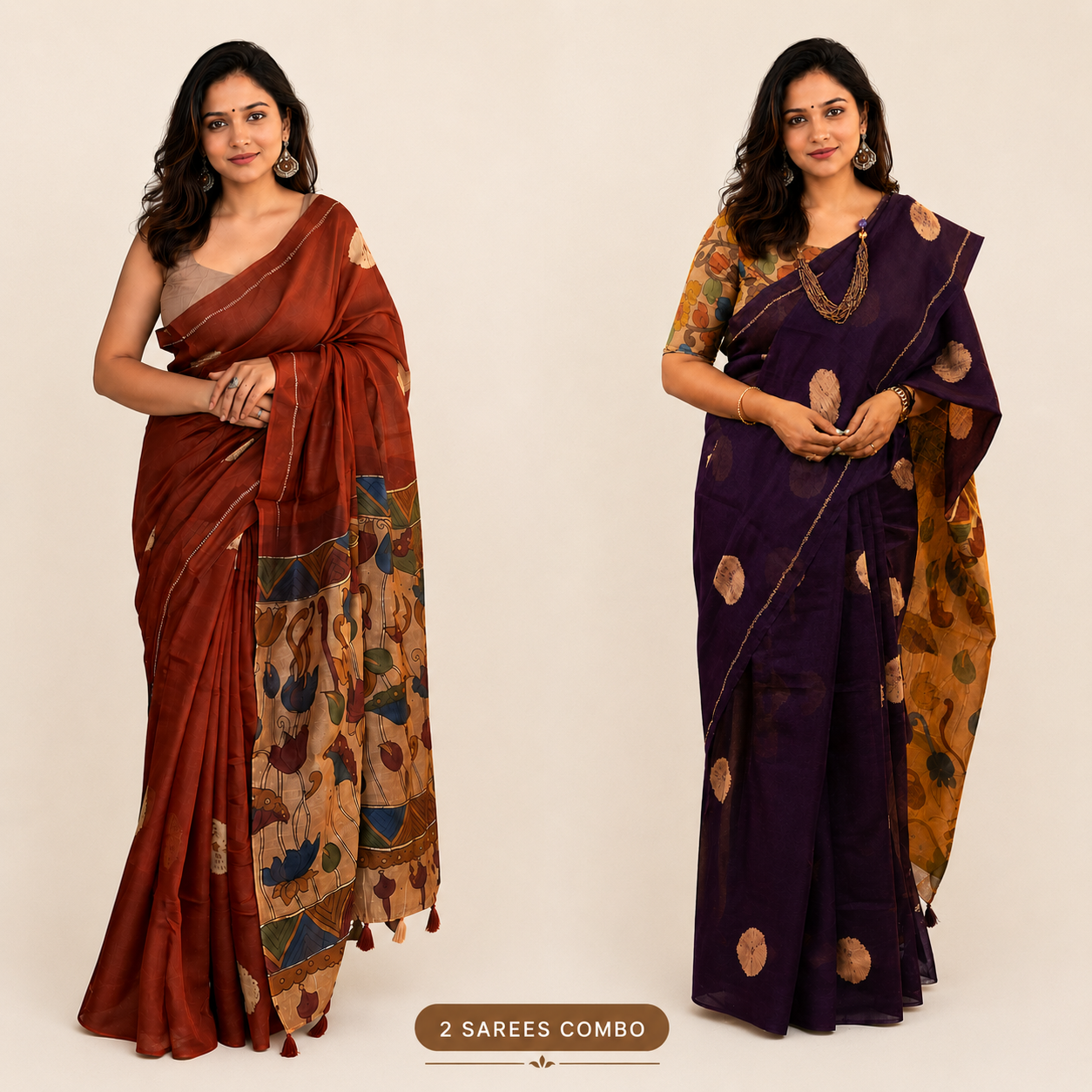Combo of 2 Cotton Kalamkari Saree = Wine +Brown (including Blouse)