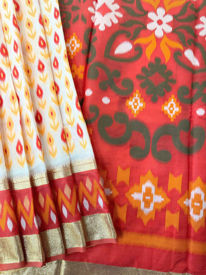 POCHAMPALLY IKKAT SILK SAREE -  CREAM
