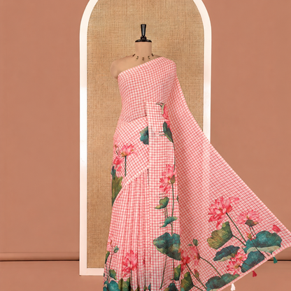 Tussar Silk Saree with Floral Lotus Print & Tassel Border-RED