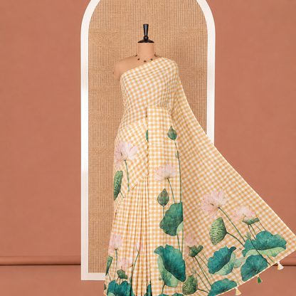 Tussar Silk Saree with Floral Lotus Print & Tassel Border-CHIKU