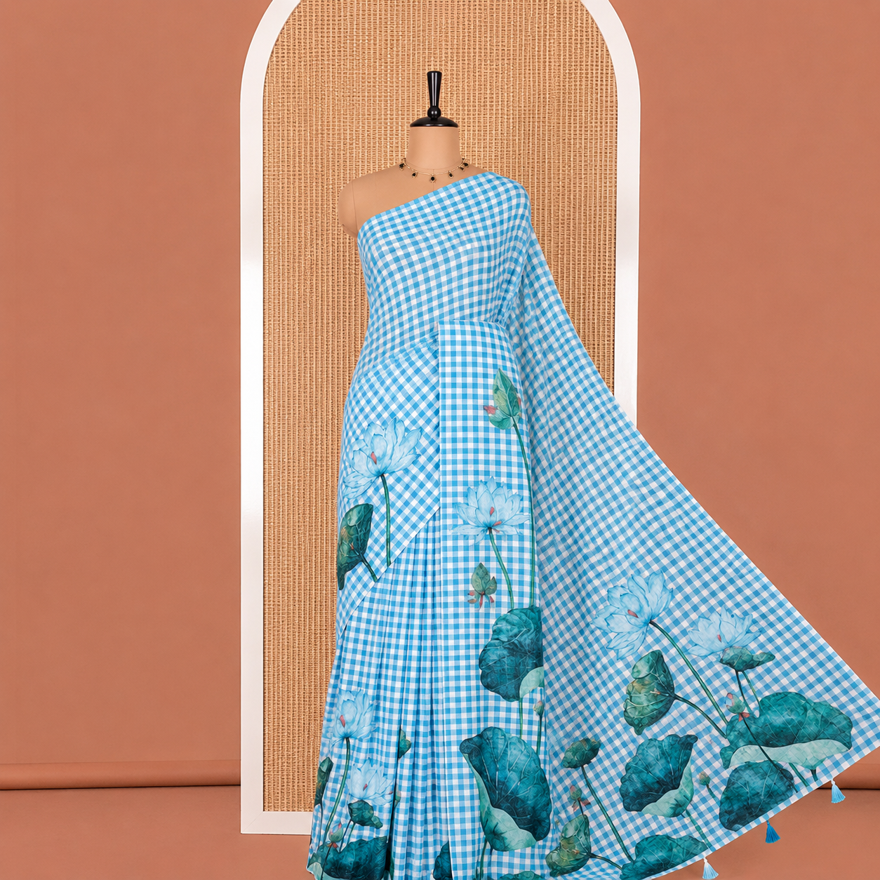 Tussar Silk Saree with Floral Lotus Print & Tassel Border-BLUE
