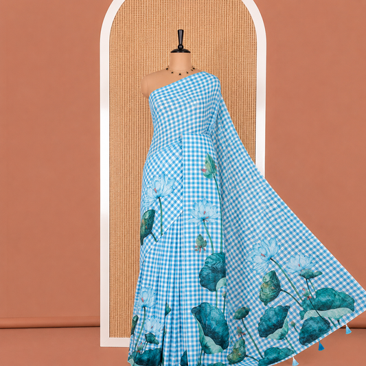 Tussar Silk Saree with Floral Lotus Print & Tassel Border-BLUE